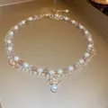 Elegant multi-layer necklace with pearls, pink stones and butterfly pendant - Gold Butterfly Pink