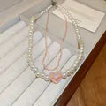 Double-layer pearl necklace with pink heart pendant in sweet dopamine style. - Pink White Heart