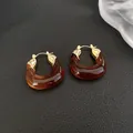 Detailed view of vintage Maillard brown resin hoop earrings with gold metal accents - Bag Shaped