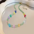 Handmade colorful beaded flower necklace with small green beads for summer fashion - Green Multicolor Flower