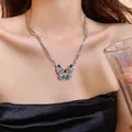 Dopamine style colorful butterfly pendant necklace with multi-strand silver chain - Silver Butterfly Layered
