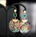 Exaggerated geometric drop earrings with green gemstone and iridescent shell finish - 11. Silver Needle - Round
