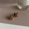 Vintage Maillard brown knotted ball stud earrings with elegant gold accents for women - Coffee Enamel Woven
