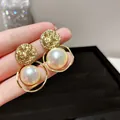 Elegant gold hammered metal geometric earrings with large pearl drop accents for women - 16. Silver Needle - Pearl Circle