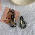 Trendy asymmetric zebra pattern earrings with gold and black geometric chain links - 22. Silver Needle - Black And White Pattern
