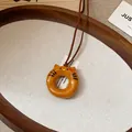 Elegant vintage cat-shaped wooden donut pendant necklace with Zen style brown cord - 70# Necklace - Brown - Kitten