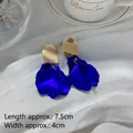 Royal blue petal drop earrings with matte gold studs, 7.5cm length - 13. Steel Needle - Blue Petals