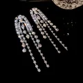 Elegant macro view of sparkling silver-tone long fringe tassel earrings with rhinestones - Silver