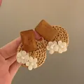 Bohemian style rattan and wood stud earrings with delicate white fabric flowers and pearls - Rattan Woven Flower Earrings (76#) / Brown