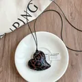 Stylish retro heart pendant necklace with leopard print on a minimalist black cord - Necklace #10 - Dark Brown - Heart