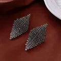 Elegant silver needle rhombus earrings with full zircon stones on dark fabric - Style 65