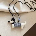 Adorable white dog pendant necklace featuring a black beret and plaid sweater style - 22# Necklace - Black - White Puppy