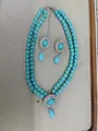 Retro French turquoise beaded necklace and teardrop earring set with crystal border - Two-Piece Set / Silver Light Blue