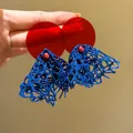 Close-up detail of vintage red acrylic earrings featuring blue crochet lace fan drops - Red Acrylic Top Blue Mesh Woven Long Earrings (56# Silver Needle-Red-Blue)