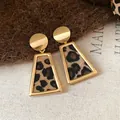 Elegant gold-tone geometric trapezoid earrings featuring a trendy leopard print inlay - Square Geometric