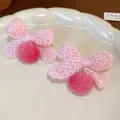 Handmade pink knitted bow earrings with cute fuzzy pink pom-poms for a sweet vintage look - Bowknot Pom-pom Style (29#)