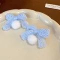 Handmade light blue knitted bow earrings with white fuzzy pom-poms - Knitted Bow Pom-pom Style (28#)