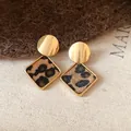 Elegant gold-plated leopard print square stud earrings featuring premium silver needles - Round Stud Rhombus Drop