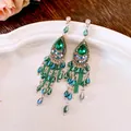 Pendientes vintage de estilo bohemio con flecos de gota y piedras de estrás verdes - 2# Poste de Plata - Verde