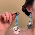 Vintage luxury dangle earrings with turquoise chips and iridescent shell discs for beach - Bamboo Shell Bohemian (26#)