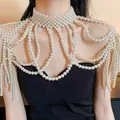 Exquisite multi-layer pearl body chain shoulder necklace for women's elegant styling - White
