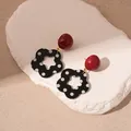 Retro black flower pendant earrings with red beads and white polka dots on a stone base. - #1 Silver Needle - Red - Black