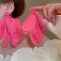 Large elegant pink chiffon flower petal earrings with beautiful fabric tassel drops - Style 5(5#) / Silver Needle / Pink