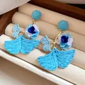 Handmade blue raffia woven dangle earrings with fabric flowers for beach vacations - Style 22(22#) / Silver Needle / Blue