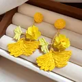 Handmade yellow raffia woven floral pendant earrings with ginkgo leaf design for summer - Style 23(23#) / Silver Needle / Yellow