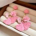Elegant handmade pink raffia woven drop earrings with delicate fabric flower detail - Style 21(21#) / Silver Needle / Pink