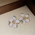 Detailed macro view of a white enamel flower pendant with crystal center and blue beads. - Earrings