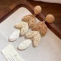 Handmade raffia woven tiered drop earrings in natural earthy tones for vacation - Retro Color-Block Geometric Style (29#) / Silver Needle / Color Block