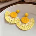 Handmade vibrant yellow raffia woven fan-shaped earrings for a stylish summer vacation look. - Woven Fan Style (55#) / Silver Needle / Yellow
