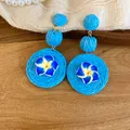 Handmade blue raffia woven drop earrings featuring plumeria flower design for summer vacation - Plumeria Style (53#) / Silver Needle / Blue