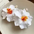 Handmade white hibiscus flower drop earrings with raffia woven studs for vacation style - Hibiscus Style (60#) / Silver Needle / White