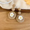 Resort style raffia straw woven drop earrings with white frangipani flower detail - Plumeria Style (54#) / Silver Needle / Brown