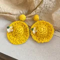 Handmade yellow raffia woven sun hat earrings with small white flower details for vacation - Straw Hat Style (39#) / Silver Needle / Yellow