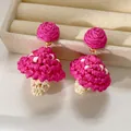 Handmade resort style vibrant pink raffia woven mushroom drop earrings for fashion jewelry - Mushroom Style (50#) / Silver Needle / Rose Red