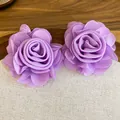 Elegant purple fabric rose earrings with raffia woven studs for vacation style. - Rose Style (57#) / Silver Needle / Purple