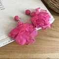 Handmade raffia and vibrant pink chiffon flower earrings in a chic French beach style - Chiffon Flower Style (68#) / Silver Needle / Rose Red