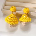 Unique handmade yellow raffia woven mushroom dangle earrings for stylish vacation jewelry - Mushroom Style (49#) / Silver Needle / Yellow