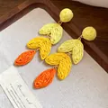 Handmade raffia woven drop earrings featuring vibrant yellow and orange gradient tones - Gradient Leaf Style (30#) / Silver Needle / Yellow