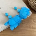 Handmade vibrant blue raffia and chiffon flower petal drop earrings for summer vacation - Chiffon Petal Ball Style (71#) / Silver Needle / Blue