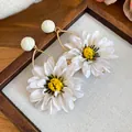Handmade raffia woven daisy drop earrings for a vintage vacation style look - Daisy Woven Ball Style (45#) / Earring Posts / White