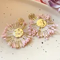 Vintage vacation style raffia woven stud earrings in pink and gold finish - Woven Hammered Texture Style (82#) / Silver Needle / Pink