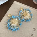 Handmade blue raffia woven sunburst drop earrings with a stylish gold hammered finish - Sunburst Style (79#) / Silver Needle / Sky Blue Zirconia (Gold)