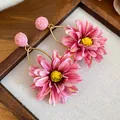 Exquisite pink raffia woven dahlia flower pendant earrings with a retro vacation aesthetic - Dahlia Style (46#) / Steel Earring Post / Pink