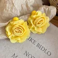 Handmade yellow chiffon rose earrings with woven raffia stud detail for a vacation style - Chiffon Petal Style (44#) / Steel Earring Post / Yellow