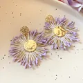 Bohemian style lavender raffia woven flower drop earrings with gold metallic finish - Woven Petal Style (81#) / Silver Needle / Purple Zirconia (Gold)