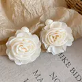 Elegant cream fabric rose earrings with raffia woven ball accent for beach vacation - Faux Rose Style (40#) / Steel Earring Post / White